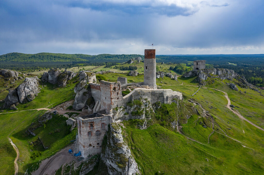 Fotografia przedstawia ruiny zamku z lotu ptaka.