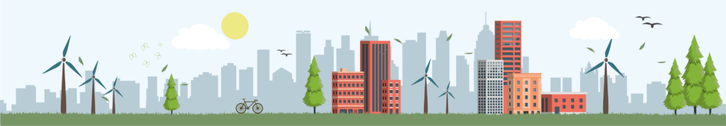 Ilustracja przedstawia miasto po Zielonej transformacji. Na pierwszym planie widać zielone drzewa, latające ptaki, piekną trawę, nowoczesne budynki i wiatraki. Na drugim planie widoczne piękne, żółte słońce oraz zarys miasta. 