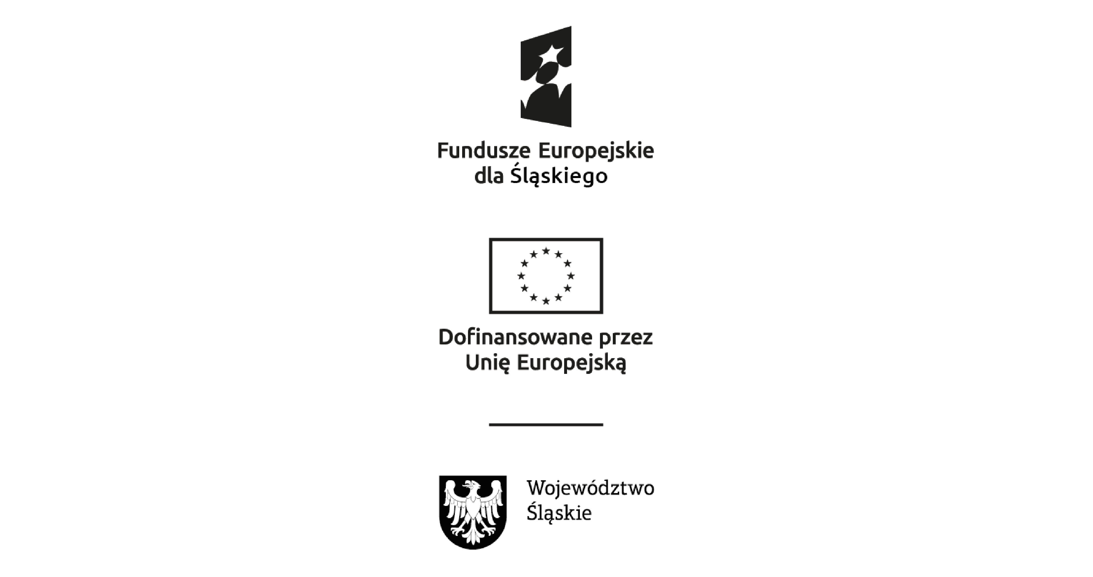 Obraz przedstawia pionowy układ logotypów w odcieniach czerni i bieli. Od góry do dołu znajdują się kolejno: Logo z gwiazdami poniżej którego znajduje się napis "Fundusze Europejskie dla Śląskiego". Niżej czarno-biała flaga Unii Europejskiej z napisem "Dofinansowane przez Unię Europejską". Na samym dole znajduje się herb Województwa Śląskiego w wersji czarno-białej, który został oddzielony linią oraz napis "Województwo Śląskie".