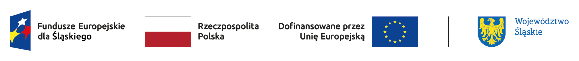 Obraz przedstawia poziomy układ logotypów i tekstu w kolorze. Od lewej do prawej znajdują się kolejno: Granatowe logo z gwiazdami w kolorach czerwonym, białym i żółtym, obok którego znajduje się napis "Fundusze Europejskie dla Śląskiego". Następnie flaga Polski z napisem "Rzeczpospolita Polska", po której znajduje się flaga Unii Europejskiej z napisem "Dofinansowane przez Unię Europejską". Na samym końcu po prawej stronie znajduje się herb województwa śląskiego, który został oddzielony linią, wraz z napisem "Województwo Śląskie".