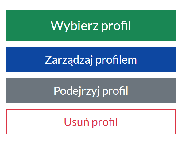 Zrzut ekranu ze strony internetowej, na którym są kolejno widoczne kafelki: Wybierz profil, Zarządzaj profilem, Podejrzyj profil, Usuń profil