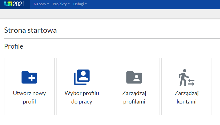 Strona z systemu LSI2021, pokazująca profil. Do wyboru opcje: Utwórz nowy profil, Wybór profilu do pracy, Zarządzaj profilami, Zarządzaj kontami.