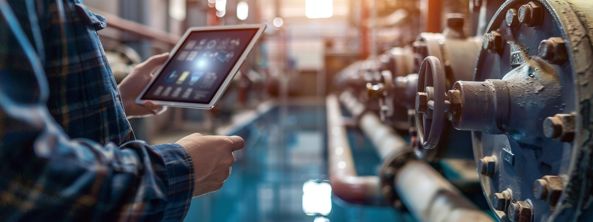 "Na zdjęciu widać osobę stojącą w industrialnym otoczeniu, trzymającą tablet. Na ekranie tabletu widoczne są wykresy i dane, sugerujące, że jest używany do monitorowania lub zarządzania procesami w fabryce. W tle widać rury, zawory i inne elementy przemysłowe. Całe otoczenie jest zbudowane z metalowych i stalowych elementów. Osoba ma na sobie niebieską koszulę flanelową, co wskazuje, że może być pracownikiem technicznym lub inżynierem. Zdjęcie ukazuje automatyzacje procesów w przedsiębiorstwie.