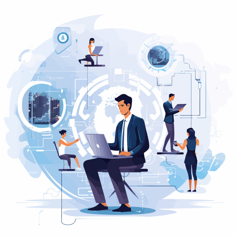 zdjęcie przedstawia grupę ludzi, którzy są zaangażowani w różne aktywności związane z komputerami i technologią. W centrum obrazu znajduje się mężczyzna w garniturze siedzący na krześle i pracujący na laptopie. Wokół niego są inni ludzie, którzy także używają laptopów lub tabletów. Całość tła jest stylizowana, aby przypominać cyfrowy świat z motywami, takimi jak mapy, obwody i abstrakcyjne wzory. Kolory są stonowane, głównie w odcieniach błękitu, co tworzy spokojną, ale profesjonalną atmosferę. Obraz wydaje się być ilustracją koncepcji związanych z biznesem, technologią lub komunikacją, prezentując wizualnie ideę współpracy, pracy zespołowej i nowoczesnego biura.