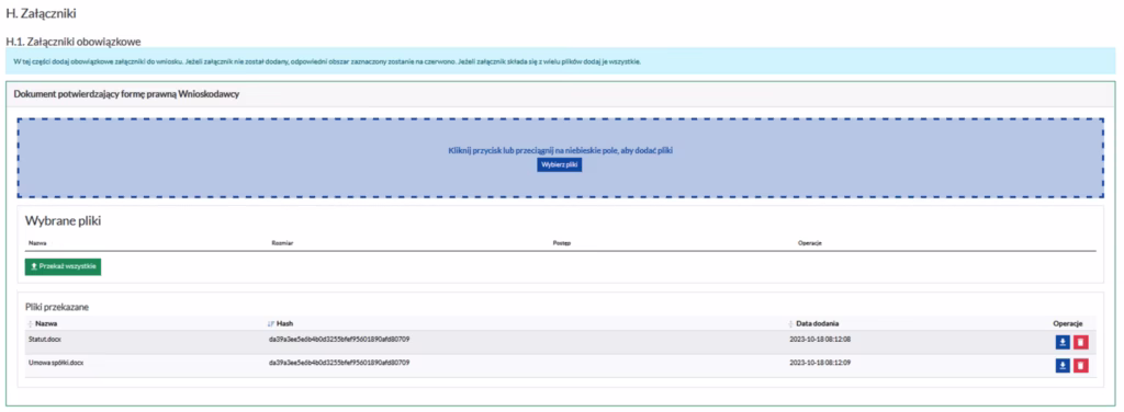 Na ekranie widzimy sekcję „H. Załączniki” z podsekcją „H.1. Załączniki obowiązkowe”. Znajduje się tam pole, do którego można przeciągnąć pliki, aby je dodać, lub wybrać je z dysku poprzez przycisk „Wybierz pliki”. W tabeli „Pliki przekazane” widoczne są dwa pliki: „Statut.docx” i „Umowa spółki.docx”. Obok każdego pliku znajduje się jego hash, data dodania oraz przyciski do pobrania i usunięcia pliku.
