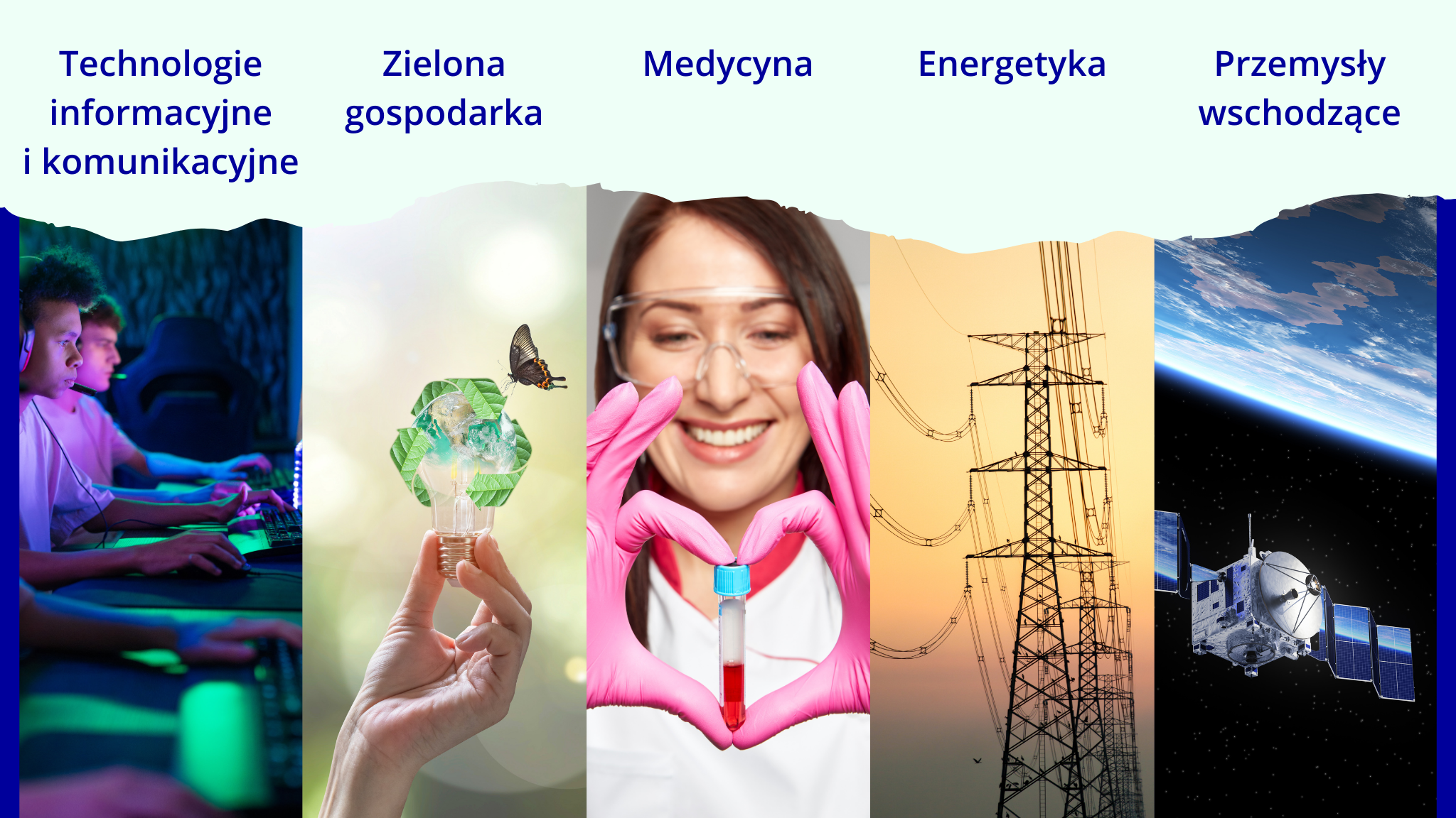 U góry zamieszczone są napisy: Technologie informacyjne i komunikacyjne, Zielona gospodarka, Medycyna, Energetyka, Przemysły wschodzące. Poniżej widoczne są zdjęcia: mężczyźni przy komputerach, żarówka z symbolem recyklingu i motylem, laborantka trzymająca fiolkę, słupy energetyczne i satelita w przestrzeni kosmicznej
