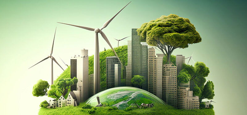 Grafika przedstawia zielone miasto. Z traw i zarośli wyrastają zabudowania – domy, bloki i wieżowce, a także wiatraki. Z nich zaś, wyrastają kolejne drzewa. Za miastem rozciąga się zielone wzgórze.