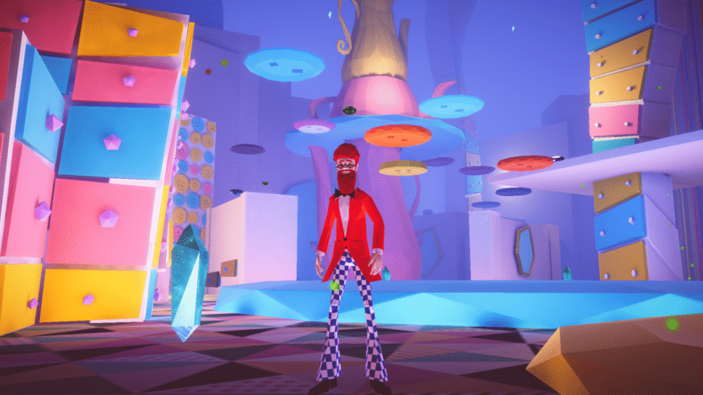 Grafika przedstawia mężczyznę z brodą w czerwonej marynarce i czarno-białych, szachownicowych spodniach, stojącego w surrealistycznie kolorowym wnętrzu. Tło składa się z wielobarwnych, jaskrawych bloków i półek, na których leżą przedmioty takie jak ciastka i kryształy. W powietrzu unoszą się kolorowe platformy, a całość ma bajkowy, dynamiczny charakter. Atmosfera jest pełna fantazji i kreatywności.