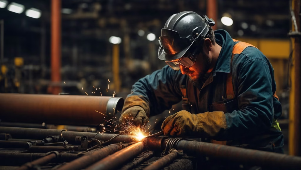 Zdjęcie przedstawia mężczyznę w roboczym ubraniu oraz kasku i ochronnych okularach, który zajmuje się spawaniem rur.