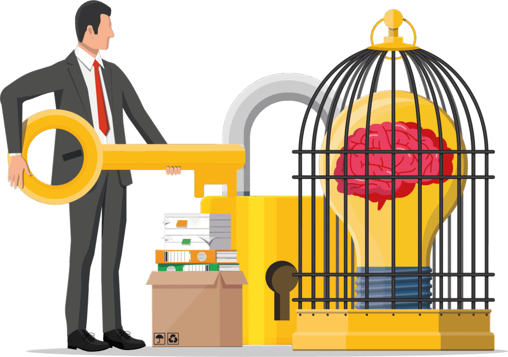Grafika przedstawia mężczyznę w garniturze trzymającego duży klucz. Obok niego znajduje się duża żółta kłódka oraz klatka, w której znajduje się żarówka z mózgiem wewnątrz. Na pierwszym planie widoczne są stosy książek i dokumentów w pudełku. Grafika symbolizuje koncepcję uwalniania wiedzy lub innowacji, sugerując, że mężczyzna ma klucz do otwarcia klatki i uwolnienia pomysłów.