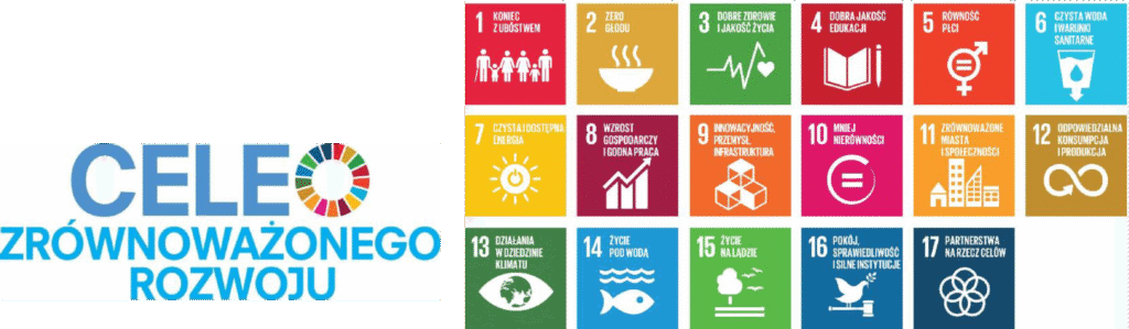 Cele zrównoważonego rozwoju: Punkt 1: Koniec z ubóstwem (ilustracja przedstawia dorosłe osoby z dziećmi) Punkt 2: Zero głodu (ilustracja przedstawia miskę nad którą unosi się para); Punkt 3: Dobre zdrowie i jakość życia (na ilustracji widoczny wykres rytmu serca) Punkt 4: Dobra jakość edukacji (na ilustracji widoczna książka i ołówek); Punkt 5: Równość płci (na ilustracji widoczne znaki płci w środku kółka znajduje się znak równości) Punkt 6: Czysta woda i warunki sanitarne (na ilustracji widoczna szklanka z wodą poniżej szklanki znajduje się strzałka w dół); Punkt 7: Czysta i dostępna energia (ilustracja przedstawia słońce w środku słońca znajduje się znak włączenia); Punkt 8: Wzrost gospodarczy i godna praca (na ilustracji widoczny wykres słupkowy i widoczny wzrost, nad którym widnieje wzrastająca strzałka); Punkt 9: Innowacyjność, przemysł, infrastruktura (na ilustracji widać ułożone sześciany); Punkt 10: Mniej nierówności (ilustracja przedstawia znak równości wokół którego widnieje niepołączony ze sobą okrąg przypominający znak ładowania); Punkt 11: Zrównoważone miasta i społeczności (na ilustracji widoczne różnej wielkości budynki); Punkt 12: Odpowiedzialna konsumpcja i produkcja (na ilustracji widoczny znak nieskończoności zakończony strzałką); Punkt 13: Działania w dziedzinie klimatu (ilustracja przypomina oko, zamiast źrenicy narysowana została kula ziemska); Punkt 14: Życie pod wodą (na obrazku widoczna woda oraz ryba); Punkt 15: Życie na lądzie (na ilustracji widoczne są ptaki, droga oraz drzewo); Punkt 16: Pokój, sprawiedliwość i silne instytucje (ilustracja przedstawia ptaka siedzącego na młotku nad którym widoczna mała roślina); Punkt 17: Partnerstwa na rzecz celów (ilustracja przedstawia połączone ze sobą okręgi przypominające kwiat).