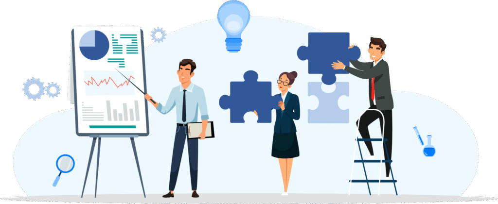 Ilustracja przedstawia trójkę ludzi pracujących nad projektem. Po lewej stronie mężczyzna w koszuli z krawatem prezentuje dane na dużym flipcharcie z wykresami, trzymając wskaźnik i teczkę z dokumentami. Po prawej stronie kobieta w garniturze trzyma duży element układanki (puzzle), podczas gdy drugi mężczyzna, ubrany formalnie, stoi na drabinie i również dopasowuje inny duży element układanki. W tle widoczne są symbole zębatek, żarówki i szkła laboratoryjnego, symbolizujące innowację, współpracę i badania naukowe.