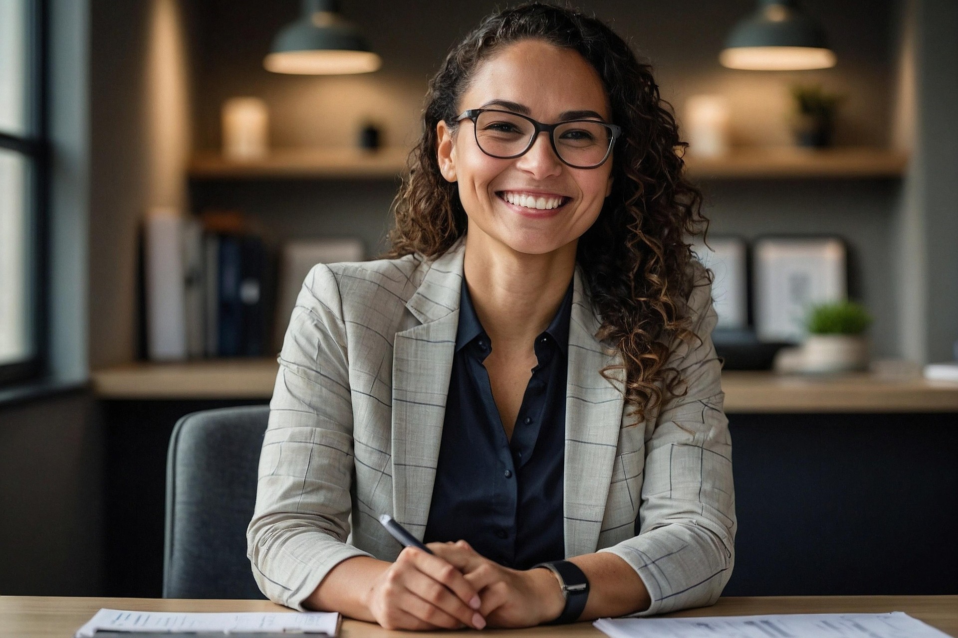 Przy biurku siedzi uśmiechnięta kobieta w okularach. Ma na sobie granatową bluzkę i szarą marynarkę. W dłoniach kobieta trzyma długopis. Na blacie leżą dokumenty. W tle widoczne jest przytulnie urządzone biuro oświetlone ciepłym blaskiem lamp.