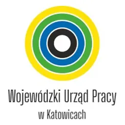 Znak graficzny w kształcie tarczy strzeleckiej lub koncentrycznych okręgów w kolorach (od zewnątrz): żółtym, zielonym, niebieskim oraz z czarnym środkiem. Poniżej znajduje się szary napis „Wojewódzki Urząd Pracy w Katowicach”.