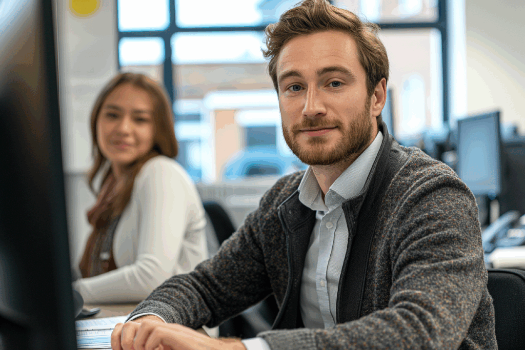 Zdjęcie przedstawia wnętrze biura. W tle widoczna jest kobieta w kremowym swetrze, a na pierwszym planie mężczyzna w bladoniebieskiej koszuli i szarym swetrze.
