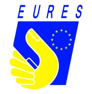 Grafika przedstawia dłoń trzymającą element z symbolem flagi Unii Europejskiej. U góry znajduje się napis EURES