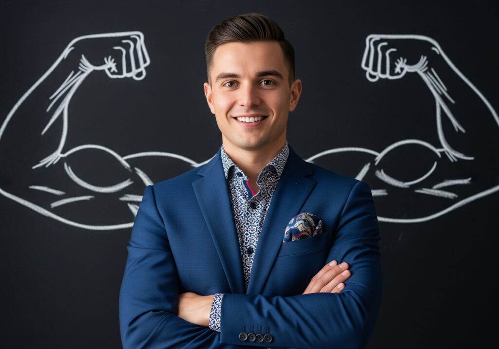 Zdjęcie przedstawia uśmiechniętego mężczyznę ubranego w elegancki, granatowy garnitur. Pod spodem ma wzorzystą koszulę, a w kieszonce marynarki widać ozdobną poszetkę. Mężczyzna ma krótkie, schludnie ułożone włosy i skrzyżowane ramiona. Stoi na tle ciemnej ściany, przypominającej szkolną tablicę, na której po obu jego stronach narysowano białą kredą sylwetki umięśnionych ramion.