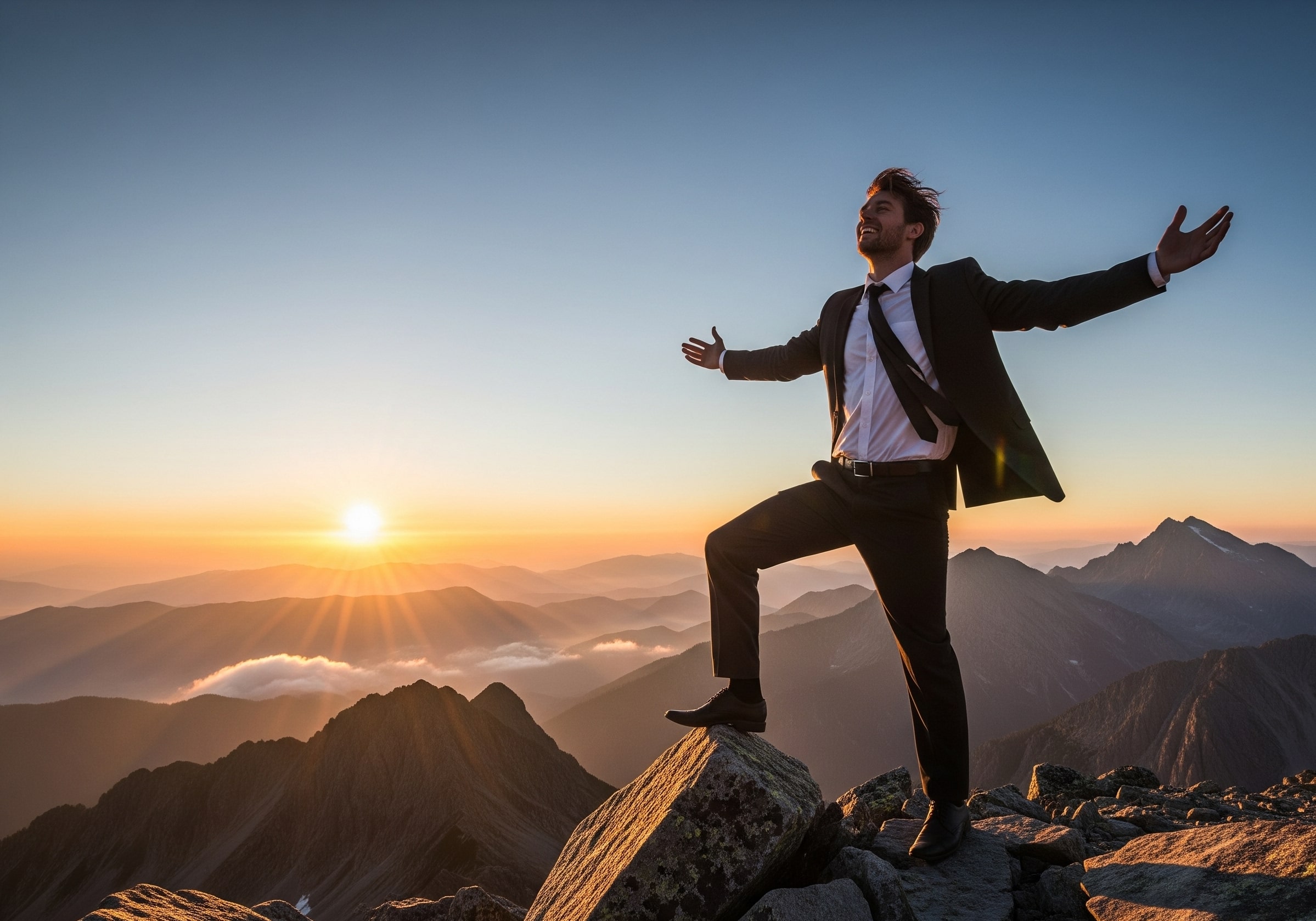 Mężczyzna w garniturze i krawacie stoi na szczycie góry, z rozłożonymi na boki rękami. Patrzy w stronę zachodzącego słońca, które oświetla górzysty krajobraz. Tło stanowią liczne, poszarpane szczyty górskie, a niebo mieni się odcieniami od błękitu do pomarańczu.