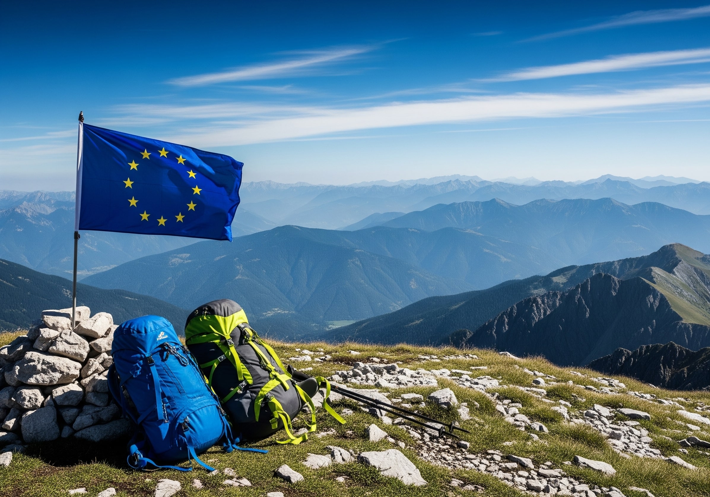 Zdjęcie przedstawia widok na góry z wysokiego szczytu. Po lewej, na pierwszym planie, na skalistym podłożu wbita jest flaga Unii Europejskiej, a przed nią leżą dwa plecaki turystyczne - jeden w kolorze niebieskim, a drugi w odcieniach limonki i szarości. Obok nich znajdują się kije trekkingowe. W tle rozciąga się panorama górskich pasm. Niebo jest bezchmurne i intensywnie niebieskie, z kilkoma delikatnymi, białymi chmurami.
