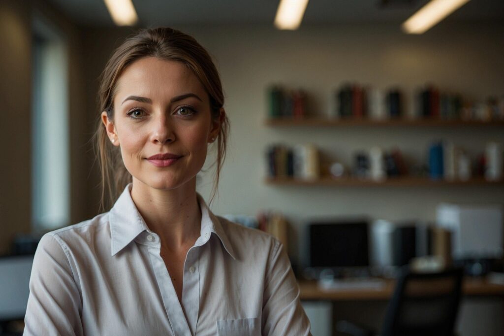 Zdjęcie przedstawia kobietę, która stoi w biurze. Ma ona na sobie jasną, lekko rozpiętą koszulę. Jej włosy są upięte w kok. Kobieta ma subtelny uśmiech, a jej wzrok skierowany jest wprost na widza. W tle widoczne jest biuro z biurkami, komputerami i regałami z książkami.