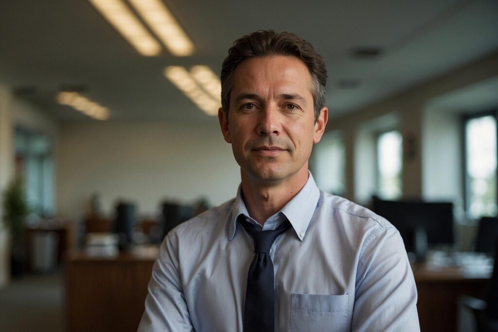Zdjęcie przedstawia mężczyznę, który stoi w biurze. Ma on na sobie jasnoniebieską koszulę z rozpiętym kołnierzykiem i ciemny krawat. Mężczyzna ma krótkie, brązowe włosy z siwymi pasemkami. Jego wyraz twarzy jest poważny, a wzrok skierowany jest prosto w obiektyw. Skrzyżował ręce na piersi. W tle widać biuro z biurkami, monitorami komputerów i oknami.
