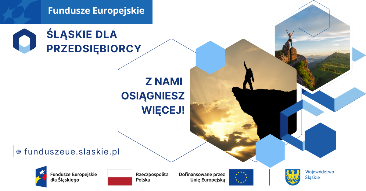 Zdjęcie zawiera tekst: Śląskie dla przedsiębiorcy. Z nami osiągniesz więcej.