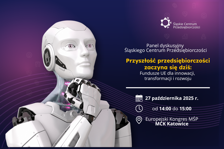 Grafika w odcieniach fioletu i granatu, z futurystycznym, białym robotem o ludzkiej twarzy w lewej części kadru. W prawym górnym rogu znajduje się logo Śląskiego Centrum Przedsiębiorczości. Poniżej tekst: Panel dyskusyjny Śląskiego Centrum Przedsiębiorczości. Przyszłość przedsiębiorczości zaczyna się dziś: Fundusze UE dla innowacji, transformacji i rozwoju. 27 października 2025 r. od 14:00 do 15:00, Europejski Kongres MŚP, MCK Katowice.