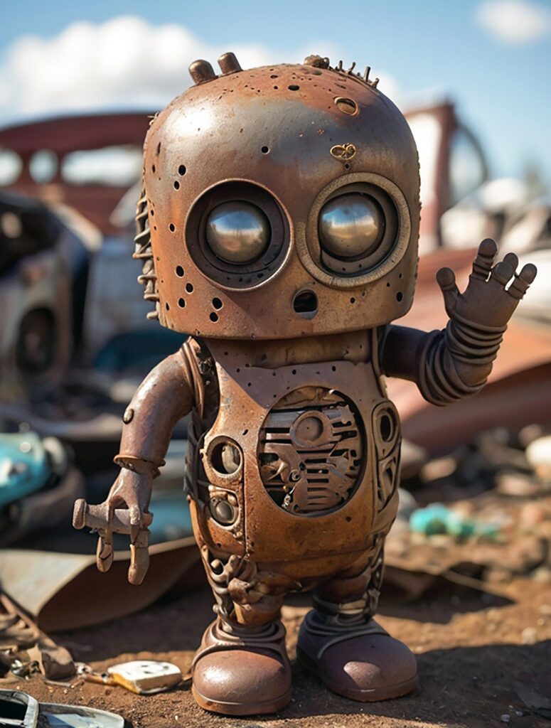 Ilustracja małego, stylizowanego robota o okrągłej głowie, zbudowanego z pordzewiałych, metalowych części z widocznymi nitami. Robot stoi na ziemi na tle złomowiska i unosi prawą rękę.