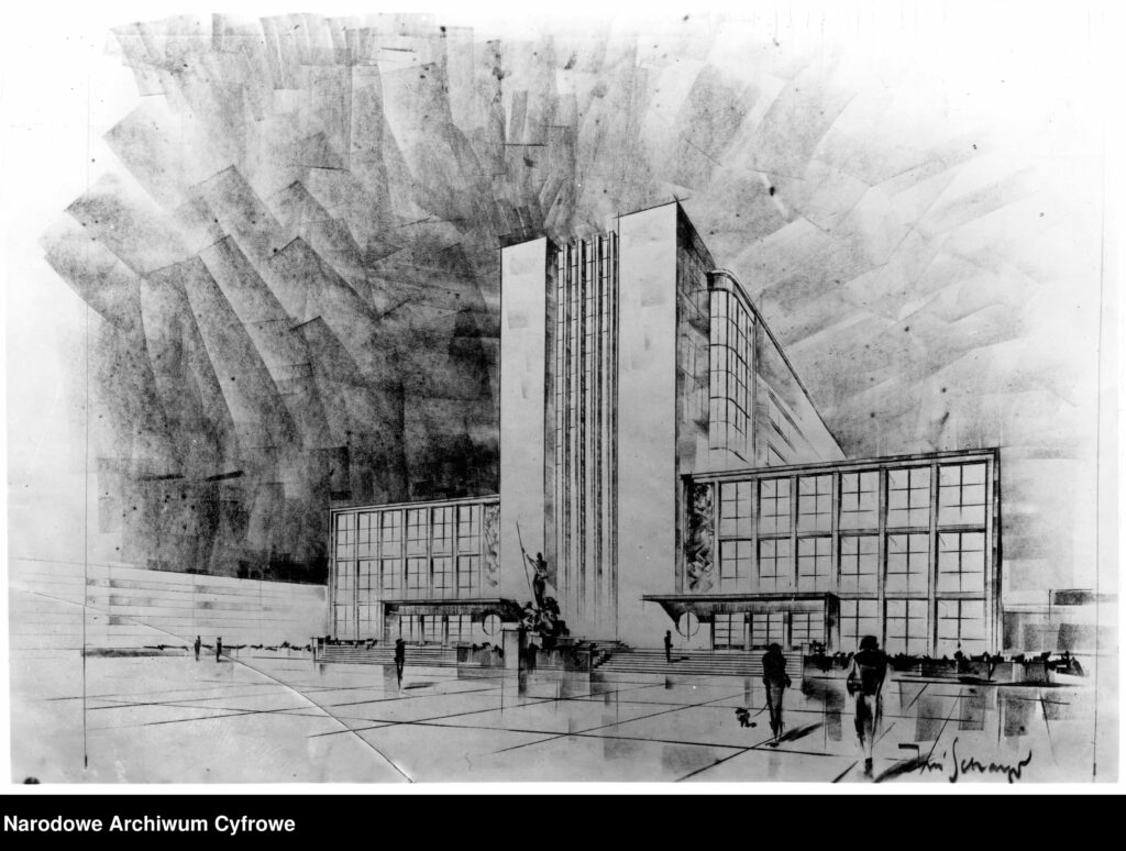 Czarno-biały szkic architektoniczny przedstawiający projekt pierwotnego gmachu Muzeum Śląskiego w Katowicach autorstwa Karola Schayera. Budynek o modernistycznej bryle z charakterystyczną pionową wieżą i przeszkleniami nawiązuje do wpływów Bauhausu w regionie. Rysunek pochodzi ze zbiorów Narodowego Archiwum Cyfrowego.