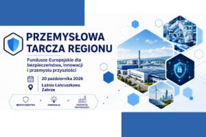 Grafika promocyjna wydarzenia „Przemysłowa Tarcza Regionu” z podtytułem „Fundusze Europejskie dla bezpieczeństwa, innowacji i przemysłu przyszłości”. W dolnej części umieszczono ikonki opisane słowami: Bezpieczeństwo, Innowacja oraz Przemysł Przyszłości, a obok podano datę 20 października 2026 oraz lokalizację Łaźnia Łańcuszkowa Zabrze. Po prawej stronie znajdują się zdjęcia w sześciobocznych kadrach przedstawiające nowoczesną fabrykę, ramię robota przemysłowego, turbiny wiatrowe z panelami fotowoltaicznymi oraz symbol kłódki cyfrowej na tle obwodów scalonych.