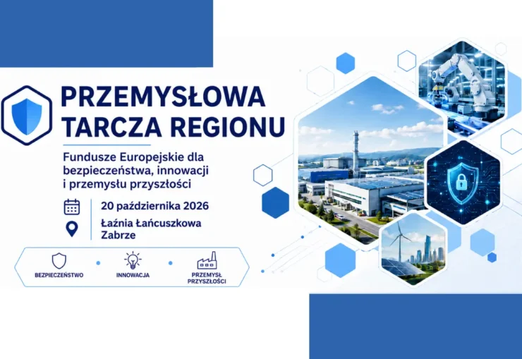 Grafika promocyjna wydarzenia „Przemysłowa Tarcza Regionu” z podtytułem „Fundusze Europejskie dla bezpieczeństwa, innowacji i przemysłu przyszłości”. W dolnej części umieszczono ikonki opisane słowami: Bezpieczeństwo, Innowacja oraz Przemysł Przyszłości, a obok podano datę 20 października 2026 oraz lokalizację Łaźnia Łańcuszkowa Zabrze. Po prawej stronie znajdują się zdjęcia w sześciobocznych kadrach przedstawiające nowoczesną fabrykę, ramię robota przemysłowego, turbiny wiatrowe z panelami fotowoltaicznymi oraz symbol kłódki cyfrowej na tle obwodów scalonych.